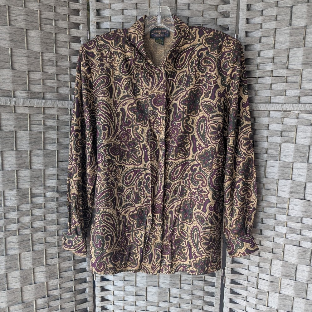 Vtg Blouse Purple Green Paisley Rayon Button Front Sz 10 Office Dark Academia
